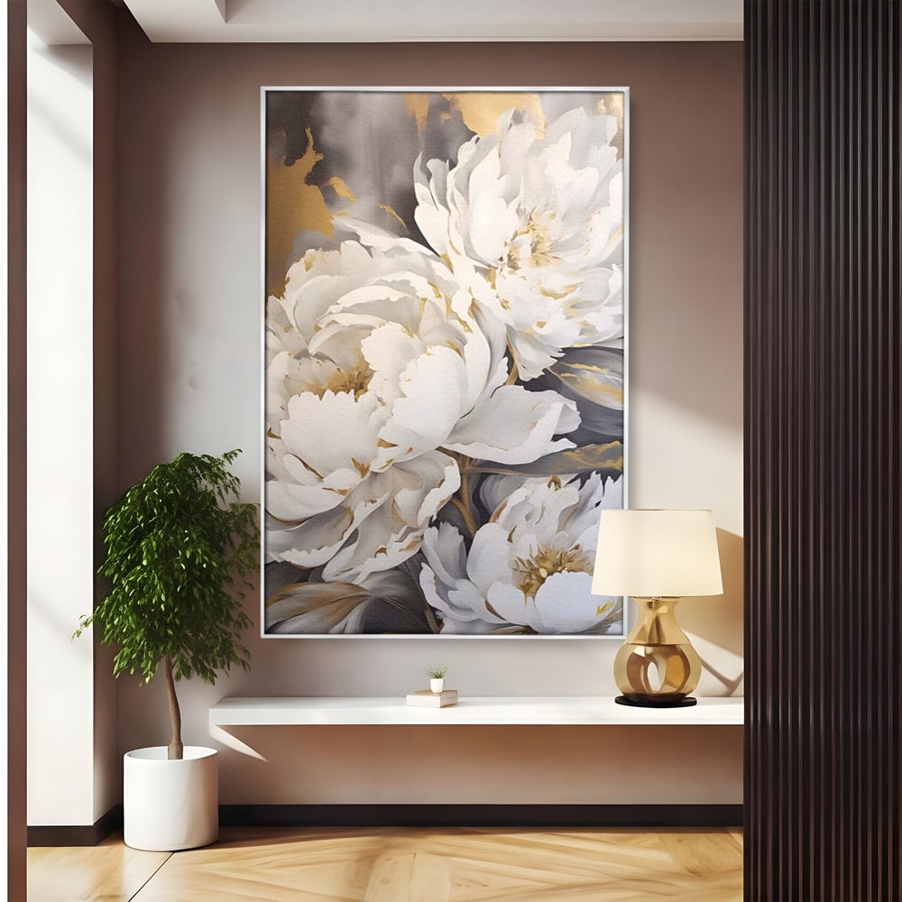 Tablou canvas cu pictura cu bujori albi si accente aurii, in rama de aluminiu argintiu